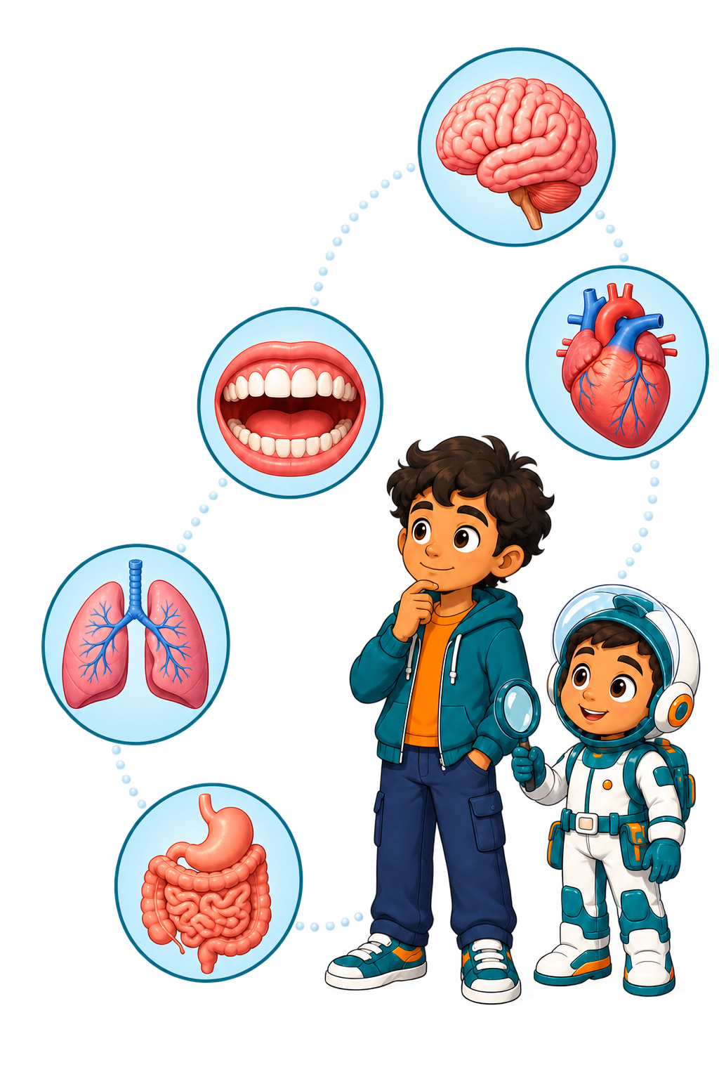 Alex and Pip exploring connections between the mouth, brain, heart, lungs and digestive system